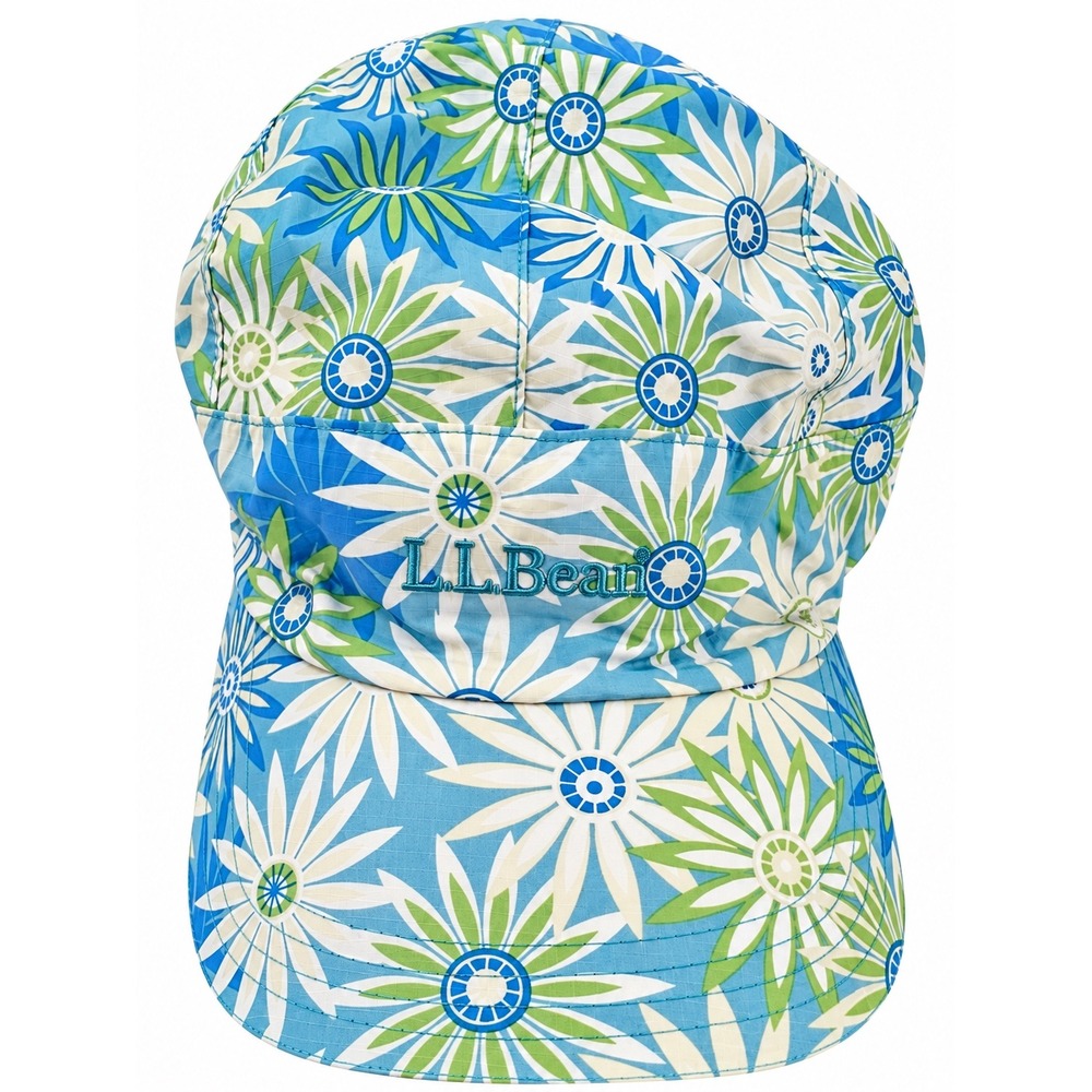 LL Bean Ripstop Nylon Hat Cap OSFA Blue Daisy Floral Adjustable Lightweight